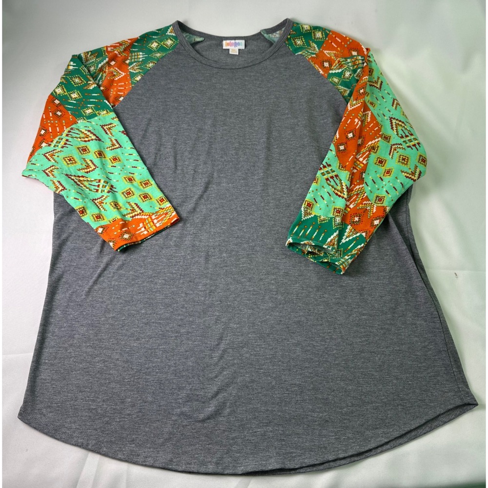 LuLaRoe 3XL Patchwork Raglan Tunic Shirt Gray Orange Teal Geometric Print